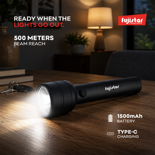 مصباح يدوي LED قابل لإعادة الشحن من فوجيستار – 3 واط، بطارية 1500 مللي أمبير، خلية 18650