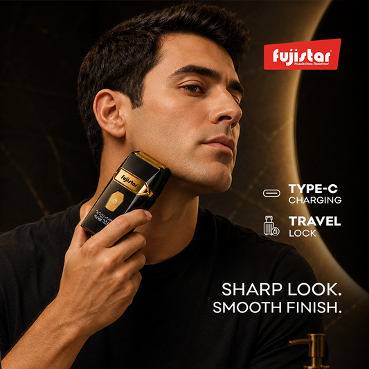 FUJISTAR Rechargeable Electric Shaver GOLD double-blade foil shaver head 800mAh waterproof IPX6 & LED display