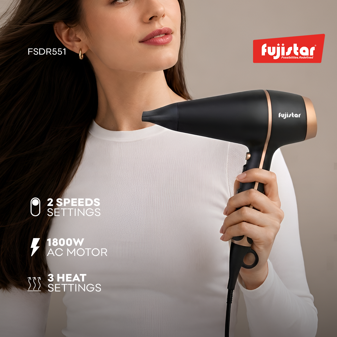 FUJISTAR Professional Hair Dryer 1800W, AC motor, 2 speeds, 3 temperature settings, cool function, 2 concentrators