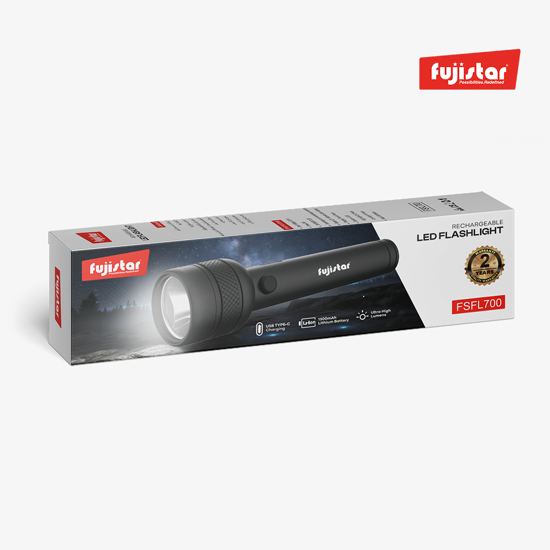 مصباح يدوي LED قابل لإعادة الشحن من فوجيستار – 3 واط، بطارية 1500 مللي أمبير، خلية 18650