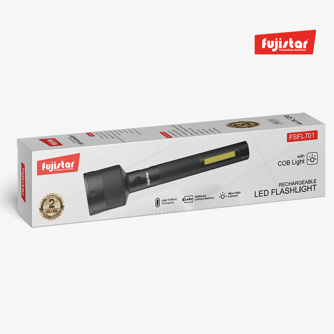 FUJISTAR Rechargeable Flashlight – LED Spotlight + COB, 1800mAh Battery