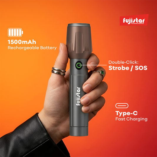 FUJISTAR Zoomable Flashlight 15W White Laser LED – IPX5 Waterproof, 18650 Battery, 1500mAh