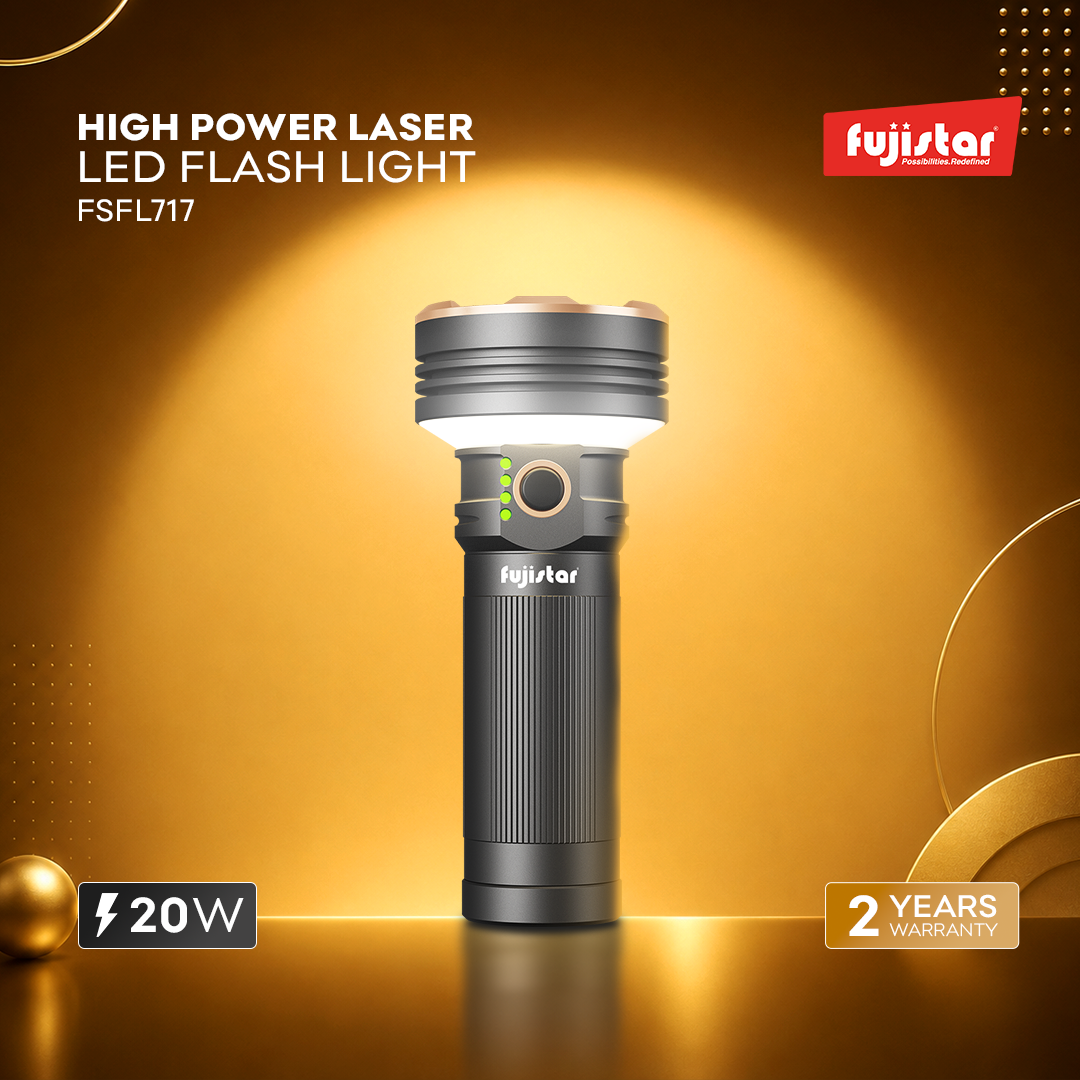 مصباح يدوي من فوجيستار بقوة 20 واط مزود بليزر LED أبيض - مقاوم للماء بمعيار IPX4، بطارية 32700، سعة 5000 مللي أمبير