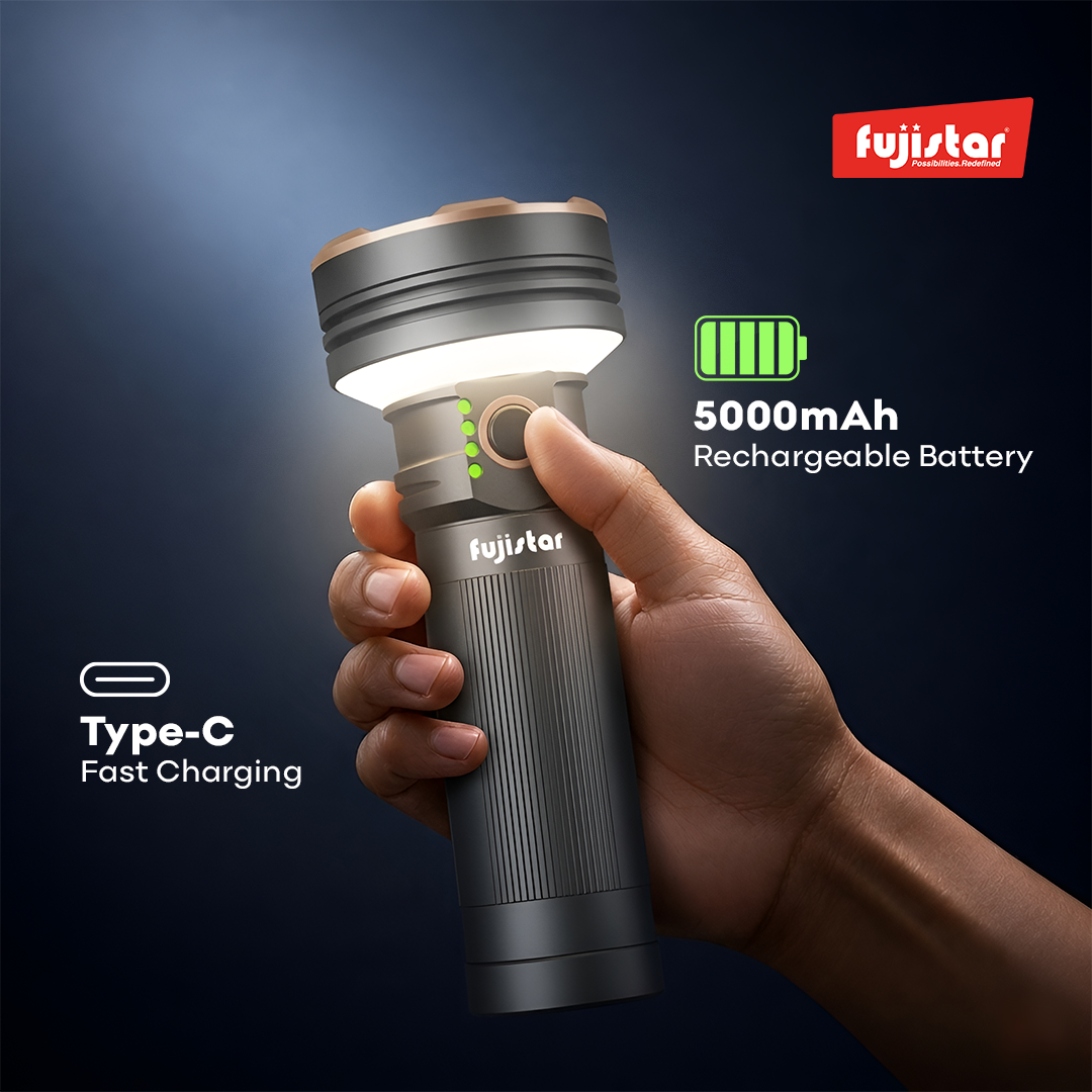 مصباح يدوي من فوجيستار بقوة 20 واط مزود بليزر LED أبيض - مقاوم للماء بمعيار IPX4، بطارية 32700، سعة 5000 مللي أمبير