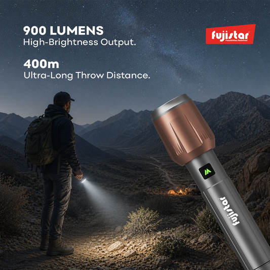 FUJISTAR Zoomable Flashlight 15W White Laser LED – IPX5 Waterproof, 26650 Battery, 3000mAh