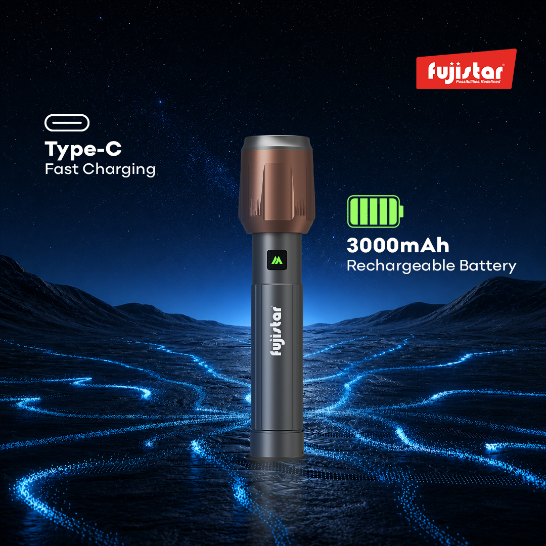 FUJISTAR Zoomable Flashlight 15W White Laser LED – IPX5 Waterproof, 26650 Battery, 3000mAh