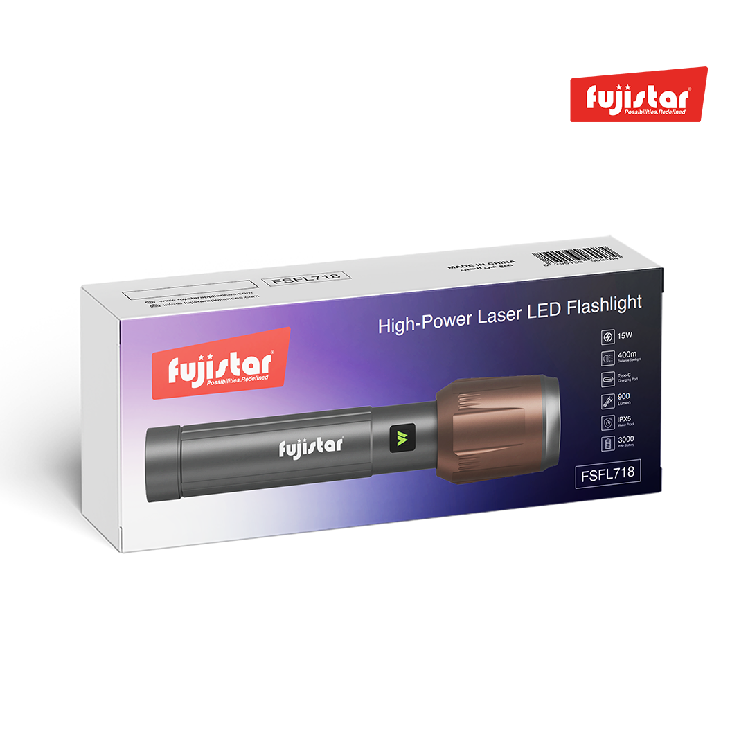 FUJISTAR Zoomable Flashlight 15W White Laser LED – IPX5 Waterproof, 26650 Battery, 3000mAh
