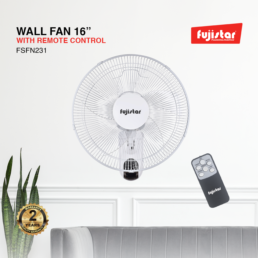 Fujistar wall fan 55w 16 inch size full copper motor, with remote control