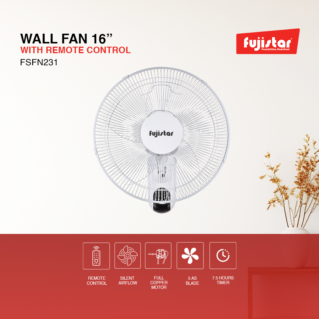 Fujistar wall fan 55w 16 inch size full copper motor, with remote control