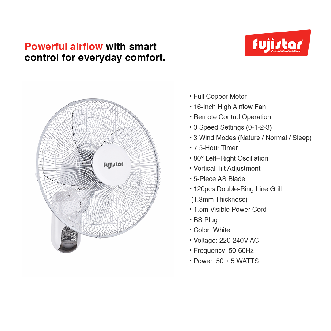Fujistar wall fan 55w 16 inch size full copper motor, with remote control