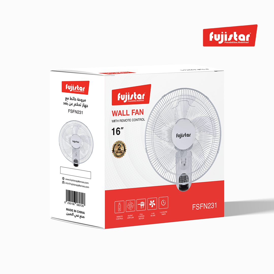 Fujistar wall fan 55w 16 inch size full copper motor, with remote control