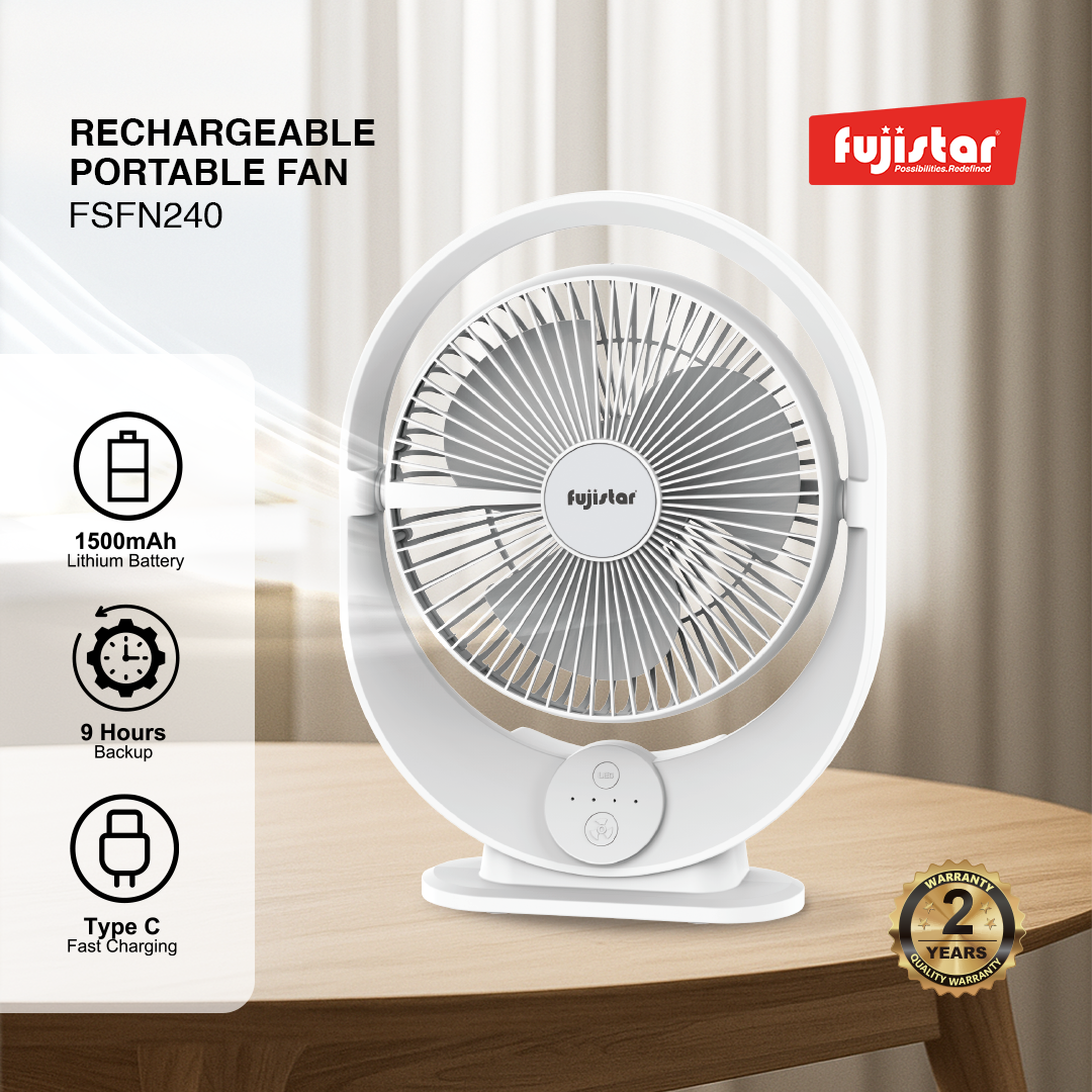 Fujistar 8 inch rechargeable 6 watts, 12 led, 1500 mah, 5v usb charge, 3 speed