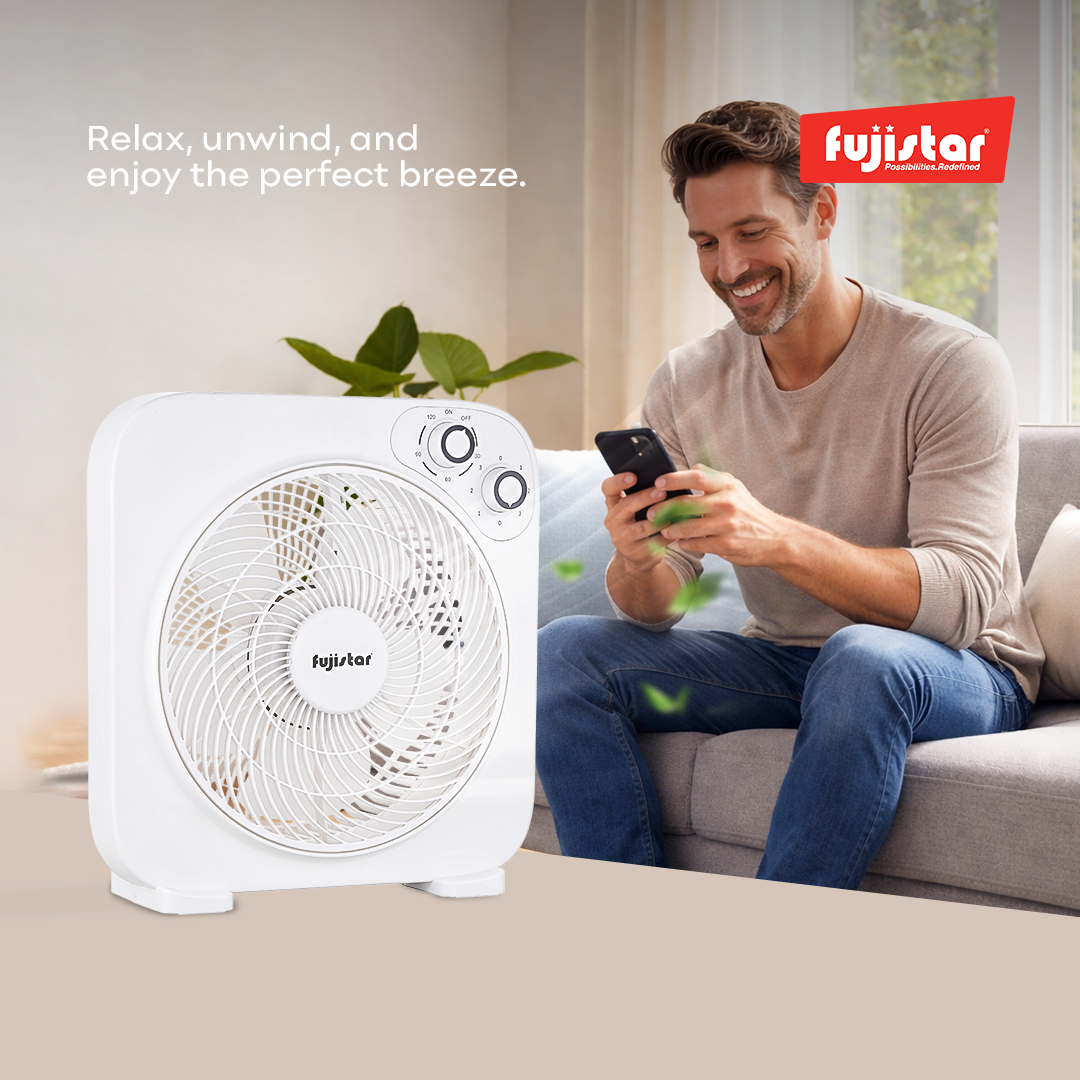 Fujistar box fan 10 inch 35w, 3 speed with timer full copper motor