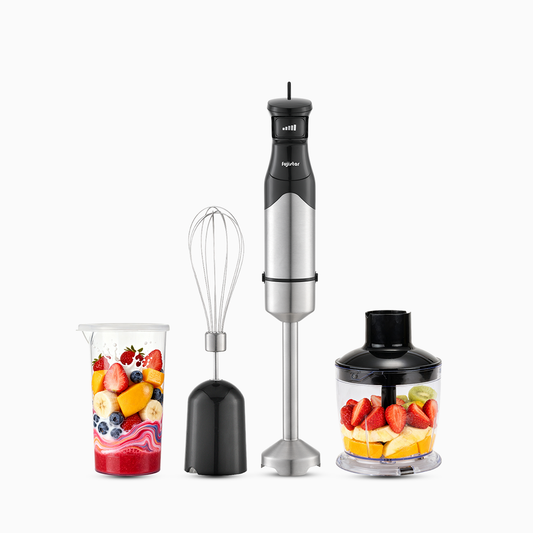 Fujistar hand blender 600 watts, 2 speeds, chopper 500ml capacity, stainless steel whisk, 600ml measuring cup with lid