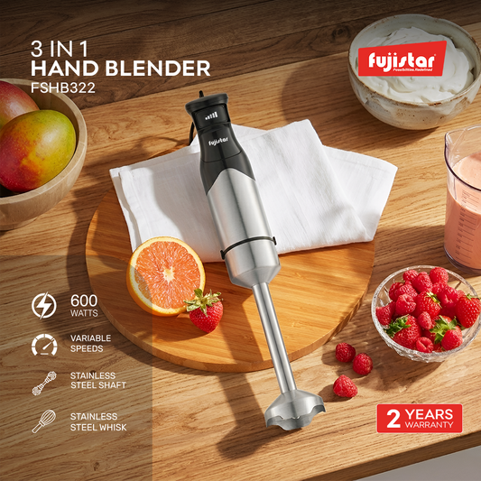 Fujistar hand blender 600 watts, 2 speeds, chopper 500ml capacity, stainless steel whisk, 600ml measuring cup with lid