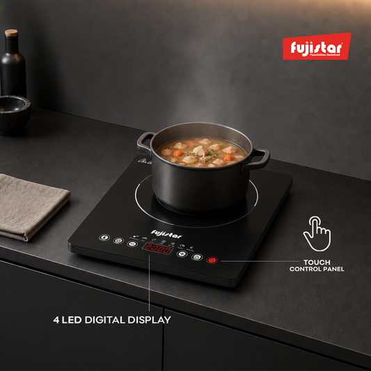 Fujistar Infrared Induction digital display, touch screen control, Timer 7 cooking functions, 2000W