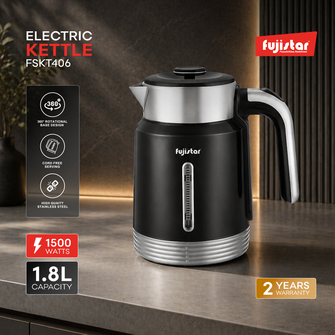Fujistar electric double wall steel kettle 1.8l seamless pp material steel lid inside 1500w