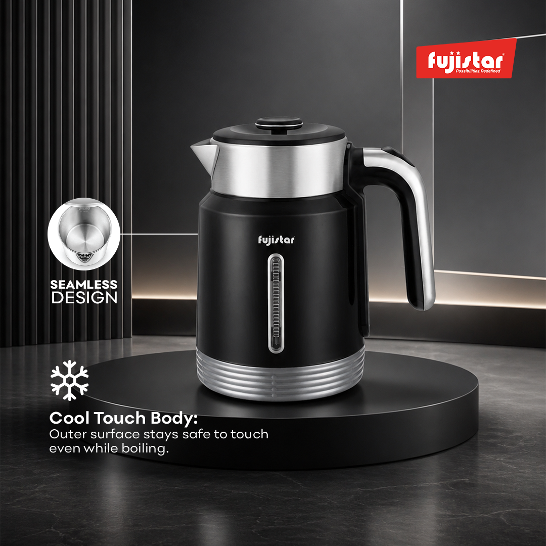 Fujistar electric double wall steel kettle 1.8l seamless pp material steel lid inside 1500w