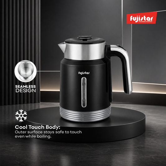 Fujistar electric double wall steel kettle 1.8l seamless pp material steel lid inside 1500w