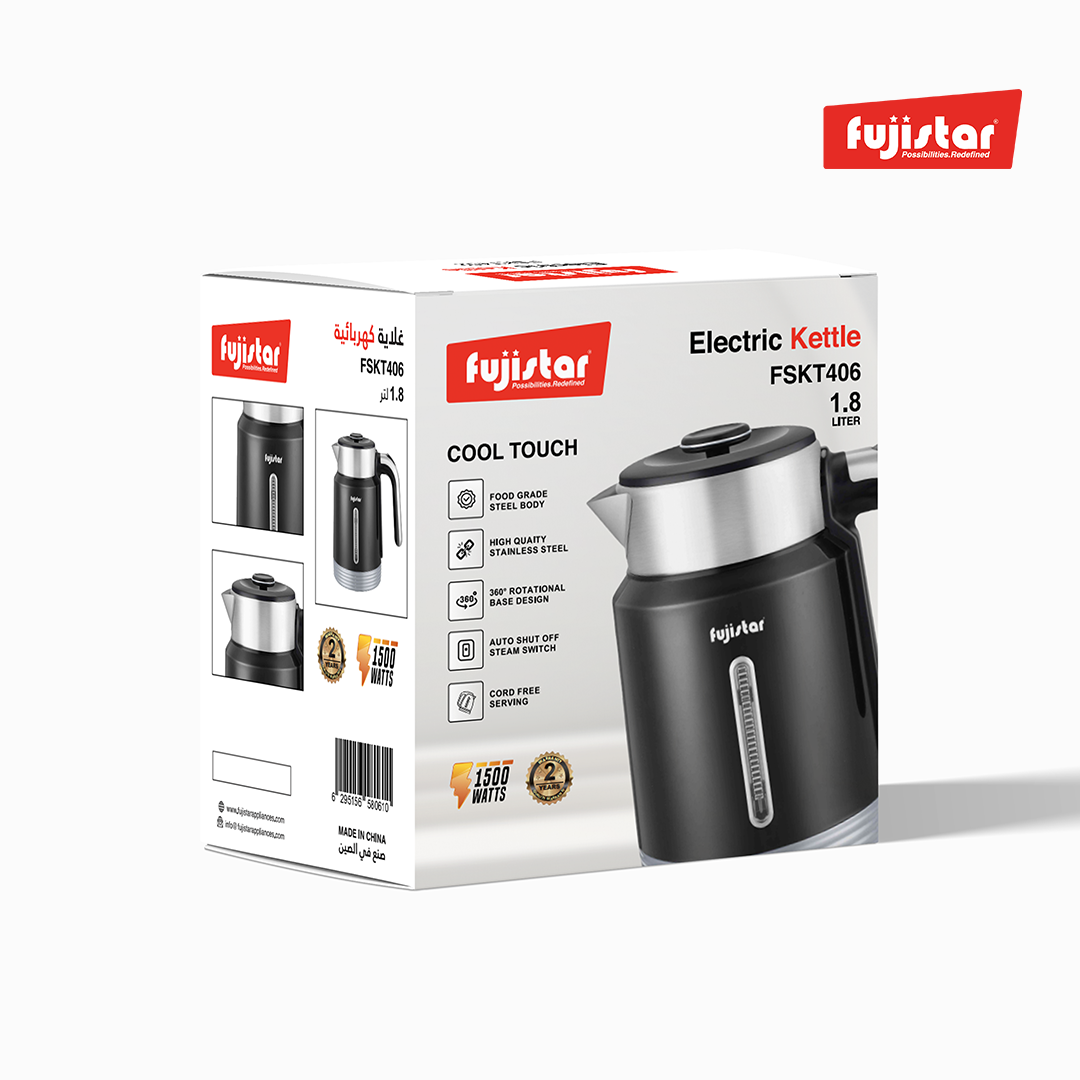 Fujistar electric double wall steel kettle 1.8l seamless pp material steel lid inside 1500w