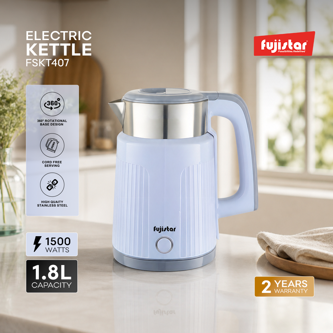 Fujistar 1.8l stainless steel colorful double wall electric kettle seamless design 1500w