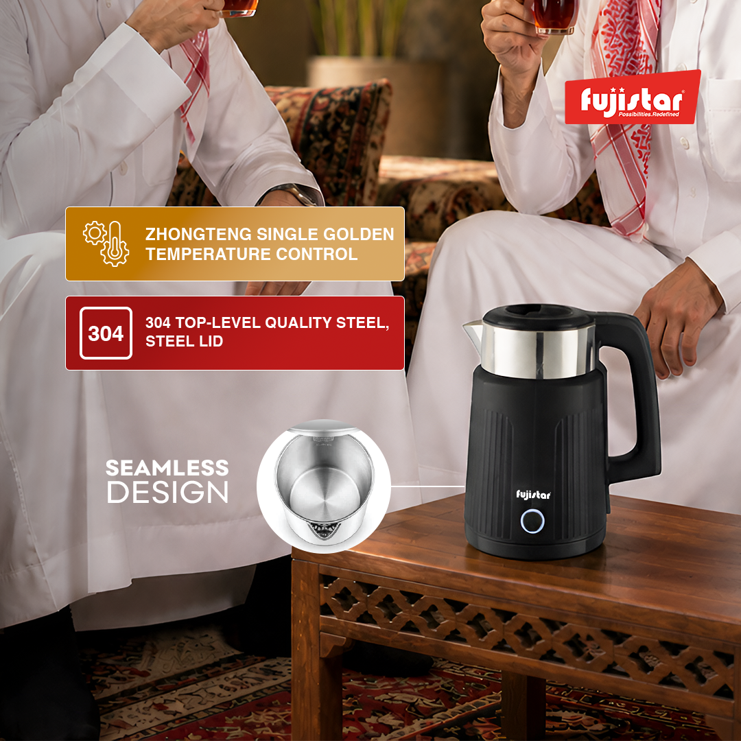 Fujistar 1.8l stainless steel colorful double wall electric kettle seamless design 1500w
