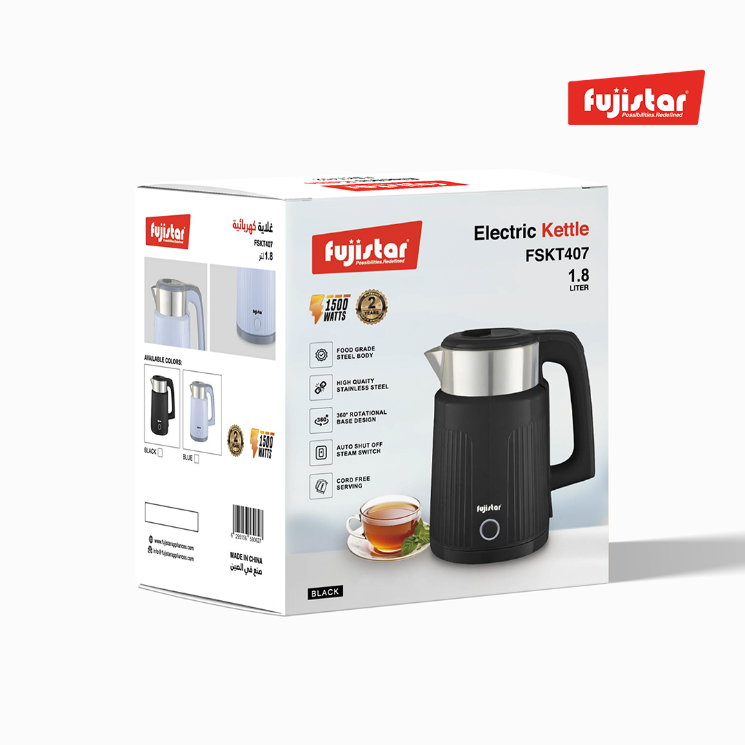 Fujistar 1.8l stainless steel colorful double wall electric kettle seamless design 1500w