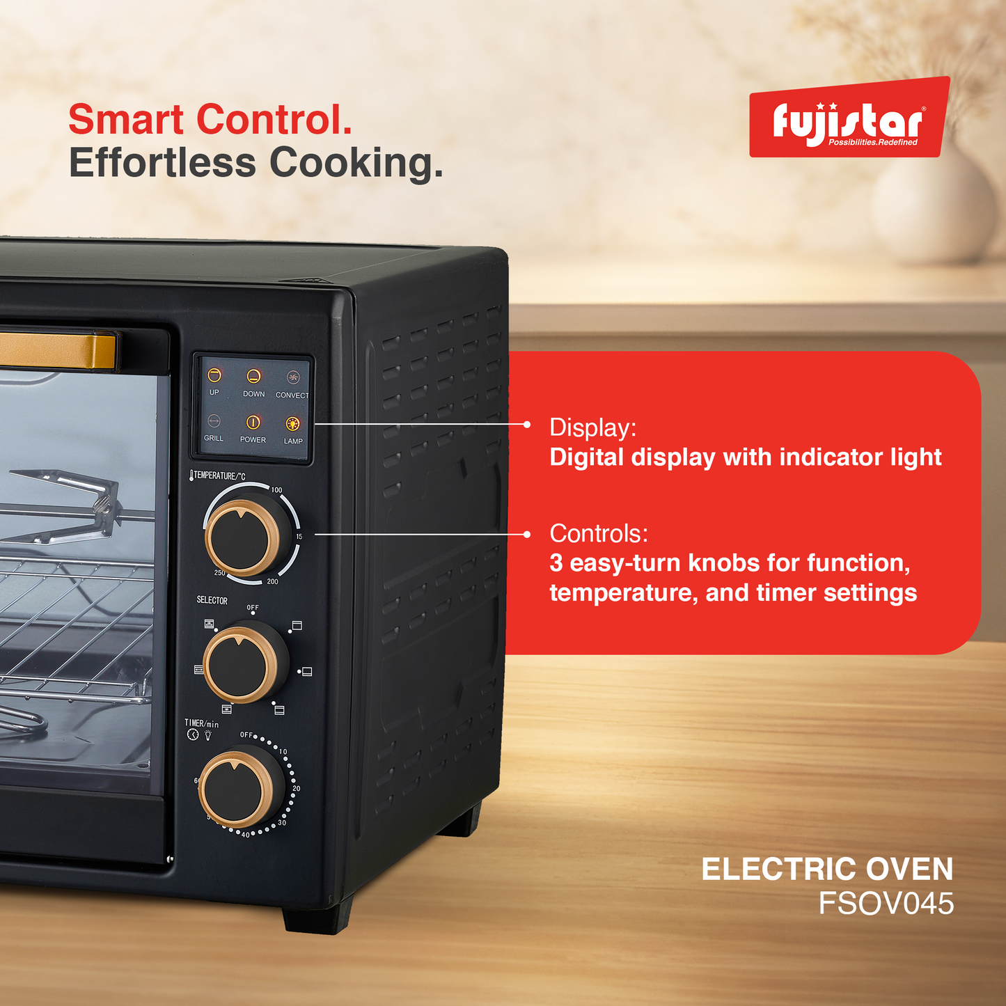 Fujistar Electric Oven Capacity: 45l, 4 pcs heating element, rotisserie, convection, inside lamp, 2000w
