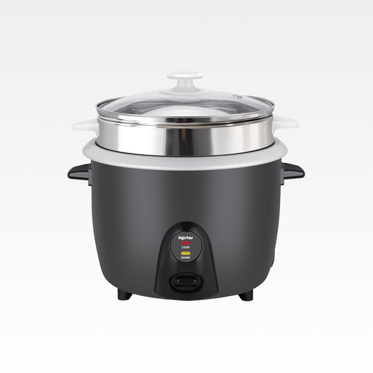 Fujistar 3 in 1 rice cooker 1000w 2.8l, 0.3mm body thickness, glass cover, 100% copper cable, 410 steel steamer