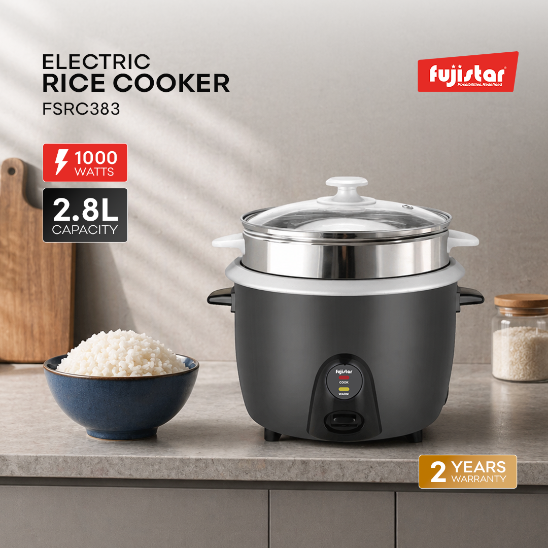Fujistar 3 in 1 rice cooker 1000w 2.8l, 0.3mm body thickness, glass cover, 100% copper cable, 410 steel steamer