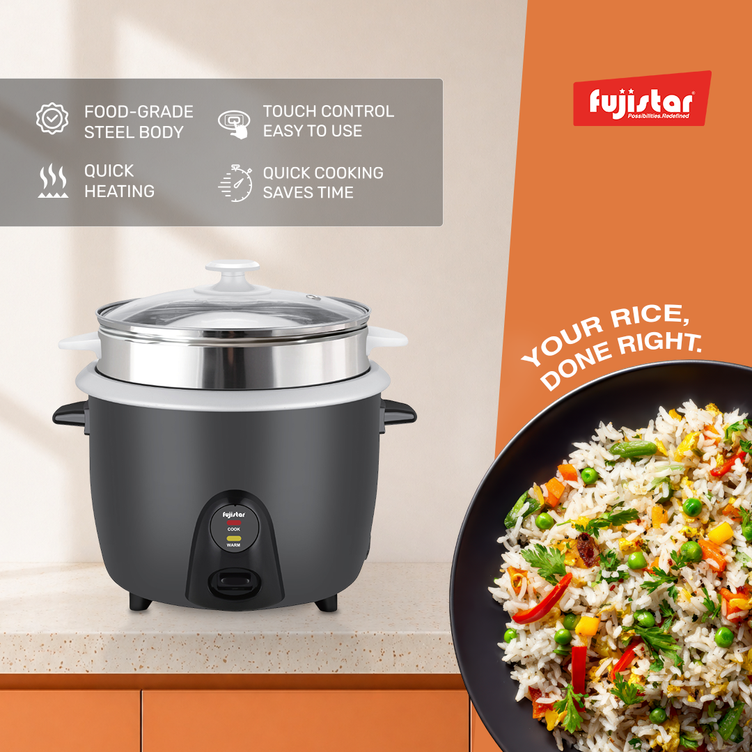Fujistar 3 in 1 rice cooker 1000w 2.8l, 0.3mm body thickness, glass cover, 100% copper cable, 410 steel steamer