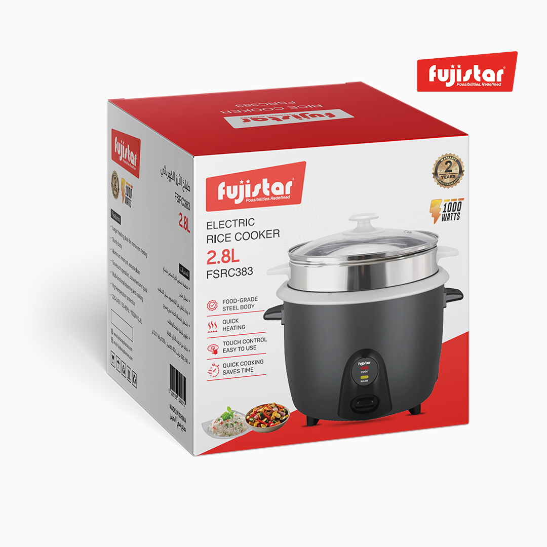 Fujistar 3 in 1 rice cooker 1000w 2.8l, 0.3mm body thickness, glass cover, 100% copper cable, 410 steel steamer