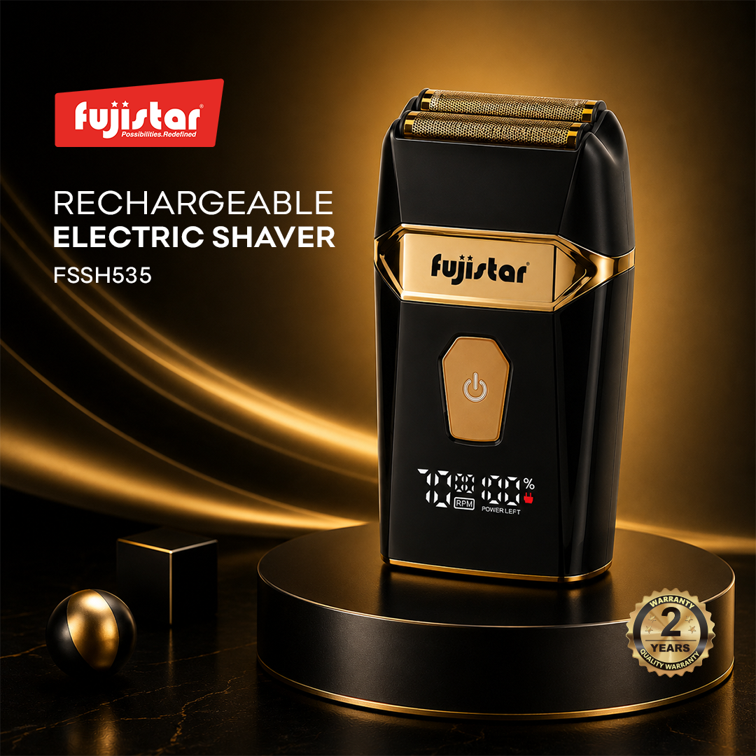 FUJISTAR Rechargeable Electric Shaver GOLD double-blade foil shaver head 800mAh waterproof IPX6 & LED display