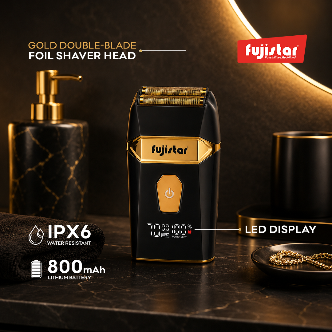 FUJISTAR Rechargeable Electric Shaver GOLD double-blade foil shaver head 800mAh waterproof IPX6 & LED display