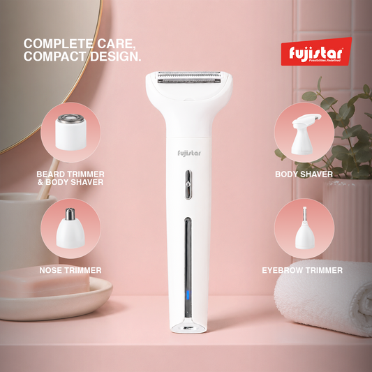 FUJISTAR Ladies Rechargeable 5-in-1 Lady Shaver Set 600mAh battery, waterproof IPX6, facial & foil shaver, nose & eyebrow trimmer