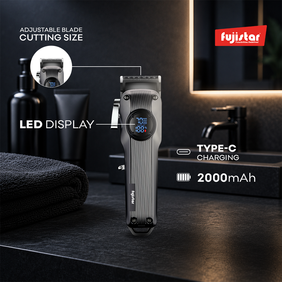 ماكينة حلاقة شعر قابلة لإعادة الشحن من فوجيستار، شاشة LED، بطارية ليثيوم 18650 بسعة 2000 مللي أمبير، شحن USB من النوع C