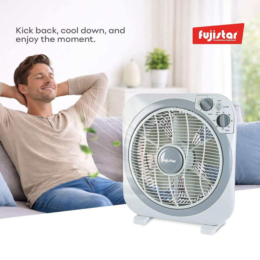 Fujistar box fan 12 inch 35w, 3 speed with timer, full copper motor