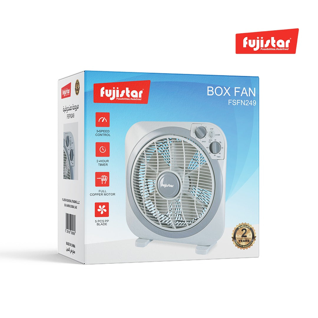Fujistar box fan 12 inch 35w, 3 speed with timer, full copper motor