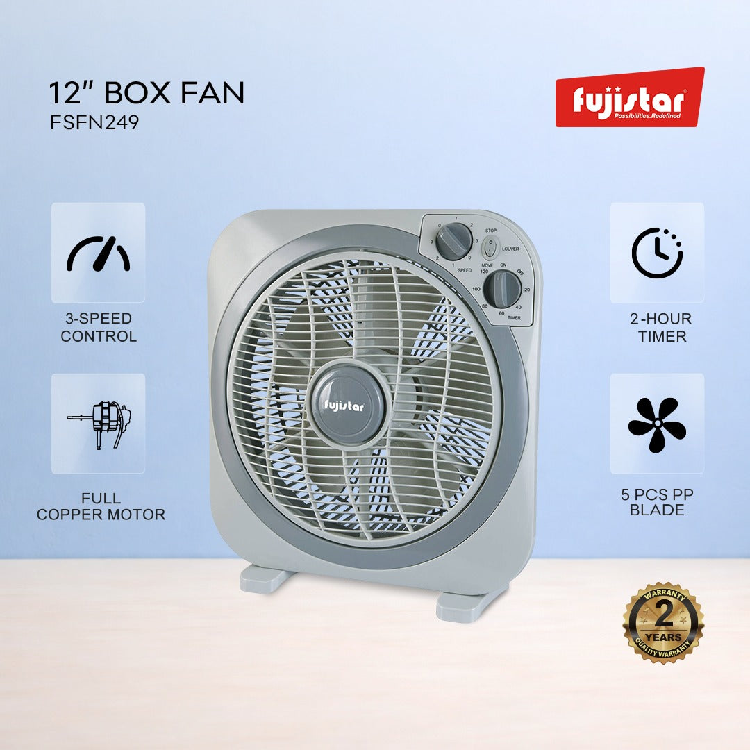 Fujistar box fan 12 inch 35w, 3 speed with timer, full copper motor
